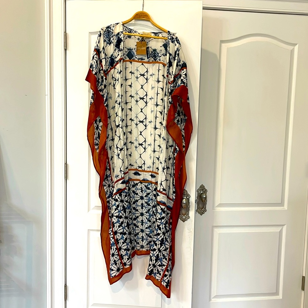 Never worn! Boho duster. Blue and white print with rust colored trim.